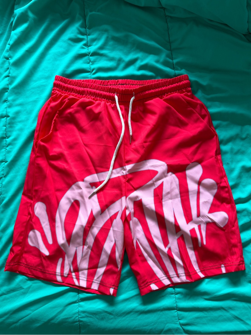 SHEIN Bright Red Board Shorts with White Graphic